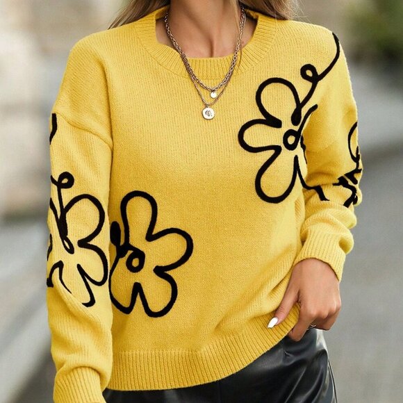 Yellow Casual Womens Floral pattern long Sleeve Knit Sweater top - Picture 5 of 7